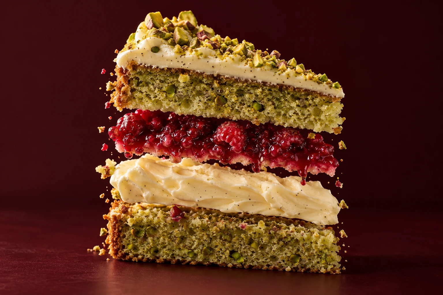 Pistachio, raspberry and cream cake layers